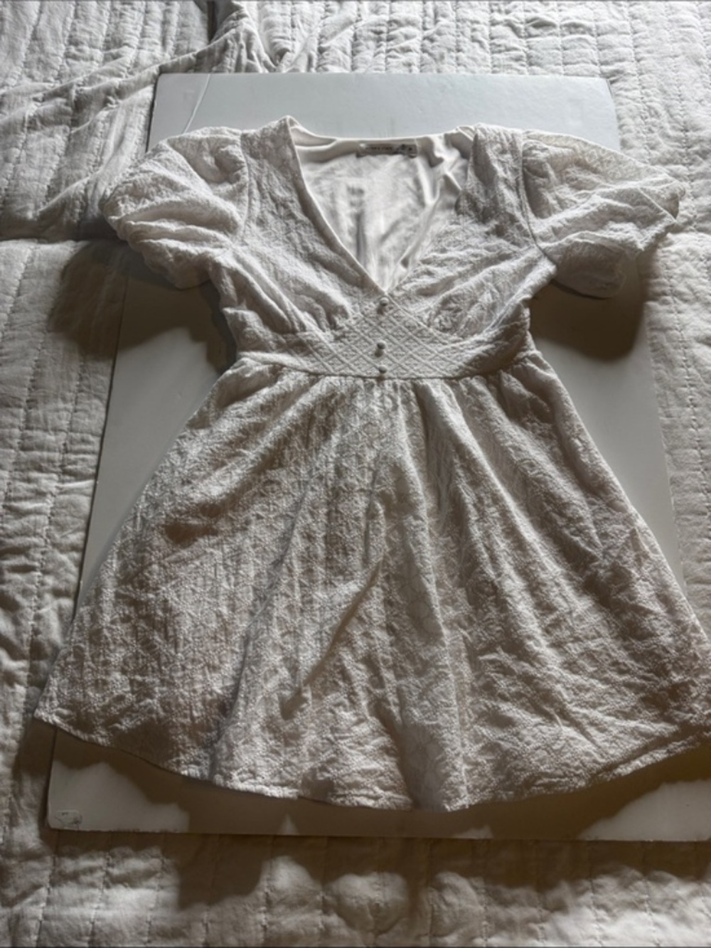 Altar'd State White Textured V-Neck Puff-Sleeve Mini Dress